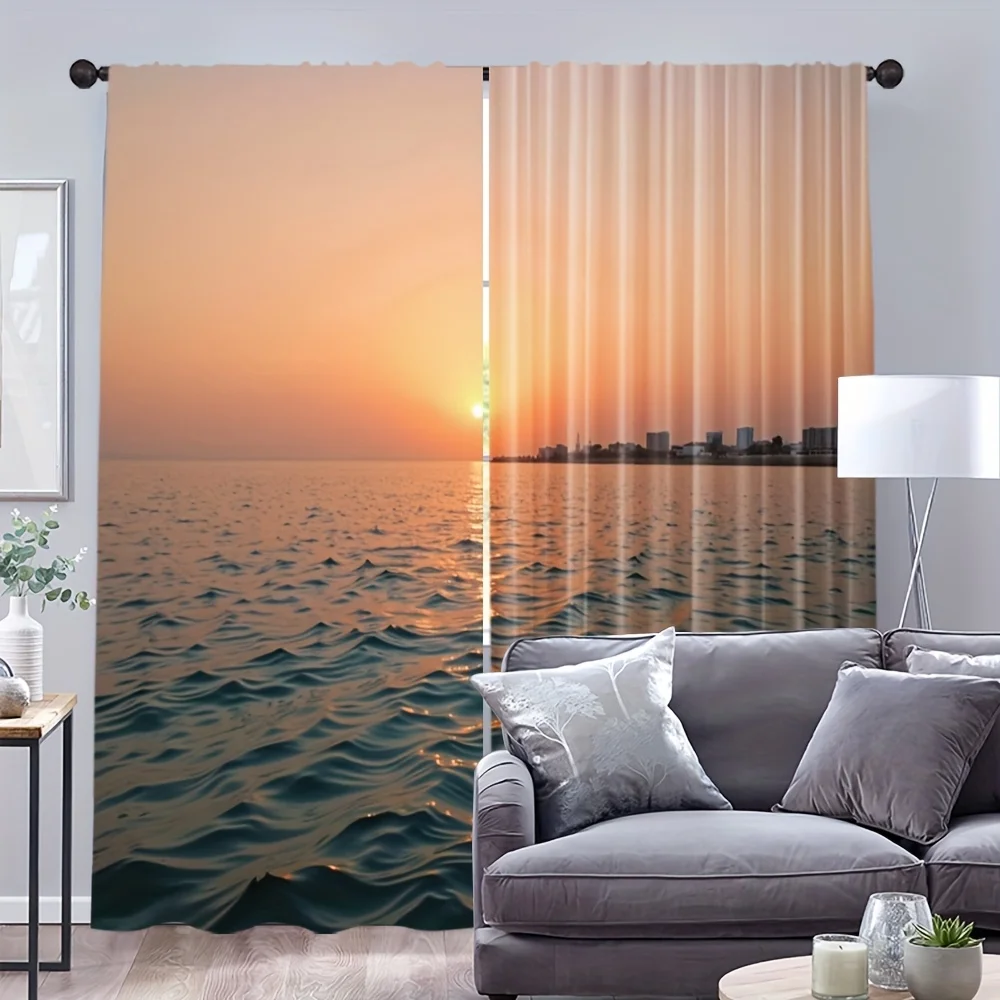 Sunset seashore pattern printed curtains, pole-mounted installation. Suitable for living rooms, bedrooms dining rooms and hotels
