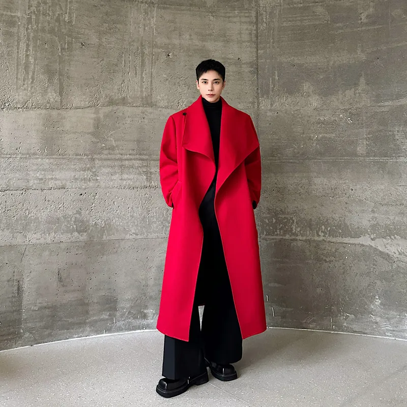 

Winter New Large Collar Red Woolen Men's Coat Long Loose ape Windbreaker Outerwear Faionable Youth Sle Long Sve