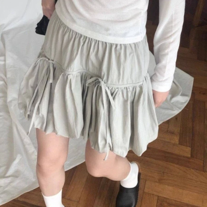 Women Y2k Bubble Mini Skirt Elastic Waist Ruffle Flare Puffy Skirt High Rise Cute Pleated Lace-up Bow Tie Lantern Short Skirt