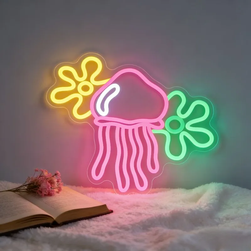 Jellyfish Flower LED Neon Sign Dimmable USB Wall Light for Kids Bedroom Nursery Girl Room Ocean Theme Party Cafe Window Decor