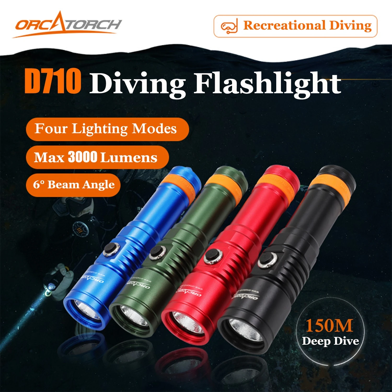 ORCATORCH D710 Scuba Diving Light High Power LED Flashlights Professional Diving Flashlight Rechargeable Torch Lamp Self Defense