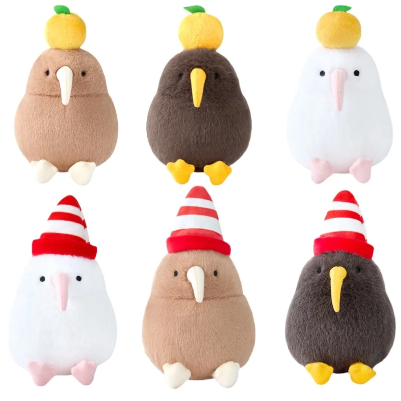 Juguete de peluche de pájaro Kiwi súper bonito, peluche de Keewee con sombrero de rayas naranja, roja y blanca, animales realistas para niños, regalo de cumpleaños