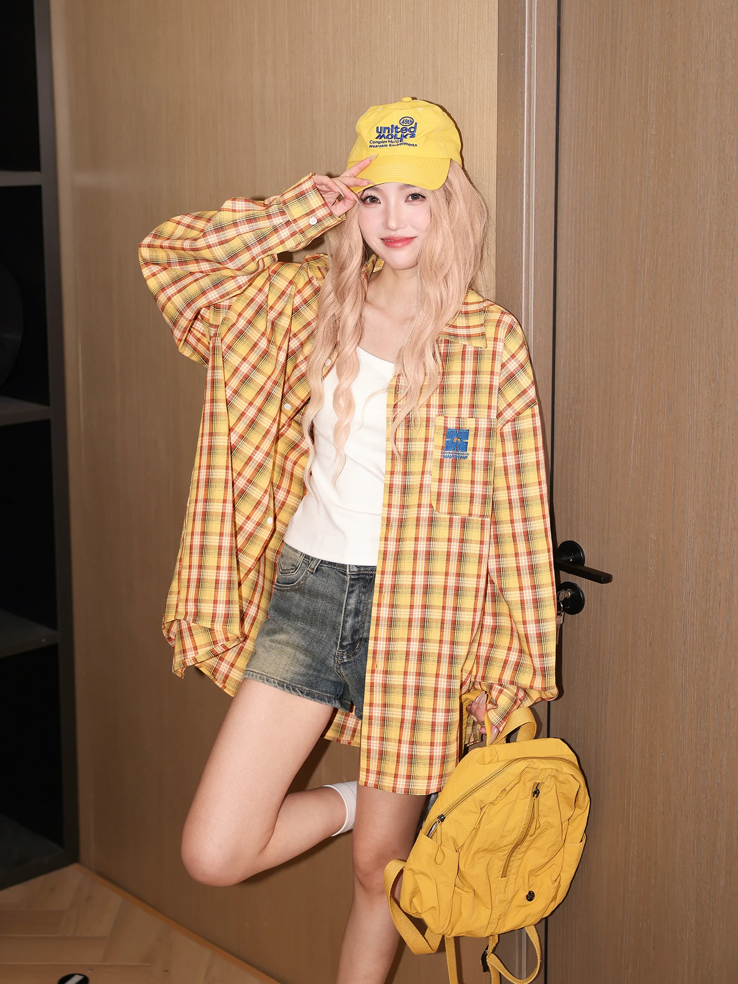 

Yellow Plaid Casual Long Sve irt Women's Sle Spring Autumn Loose Fit Button up Casual Outerwear by Him Collection