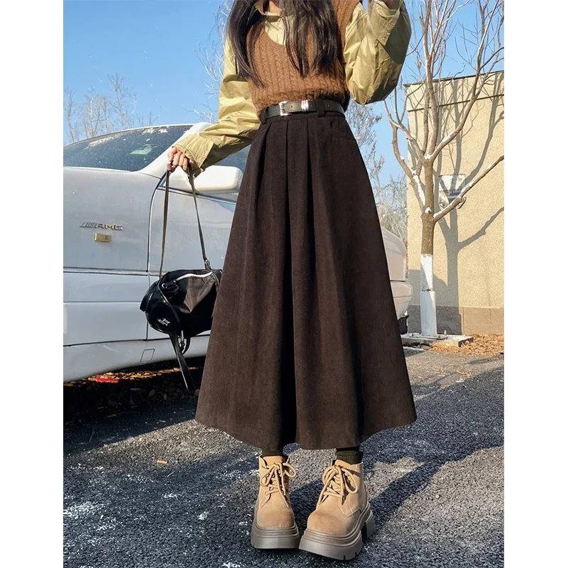 Vintage Belt Corduroy Midi Skirts Women Streetwear Black High Waist Pleated Skirt Winter Ladies Korean All Match A Line Faldas