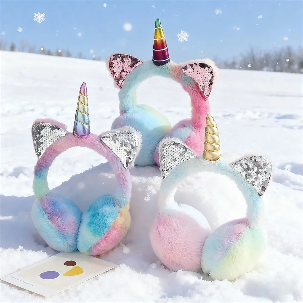Autumn and Winter Soft Plush Warm Unicorn Earmuffs Tie Dye Sequins Cat Ear Earmuffs Protect Ears From Cold Christmas Gifts