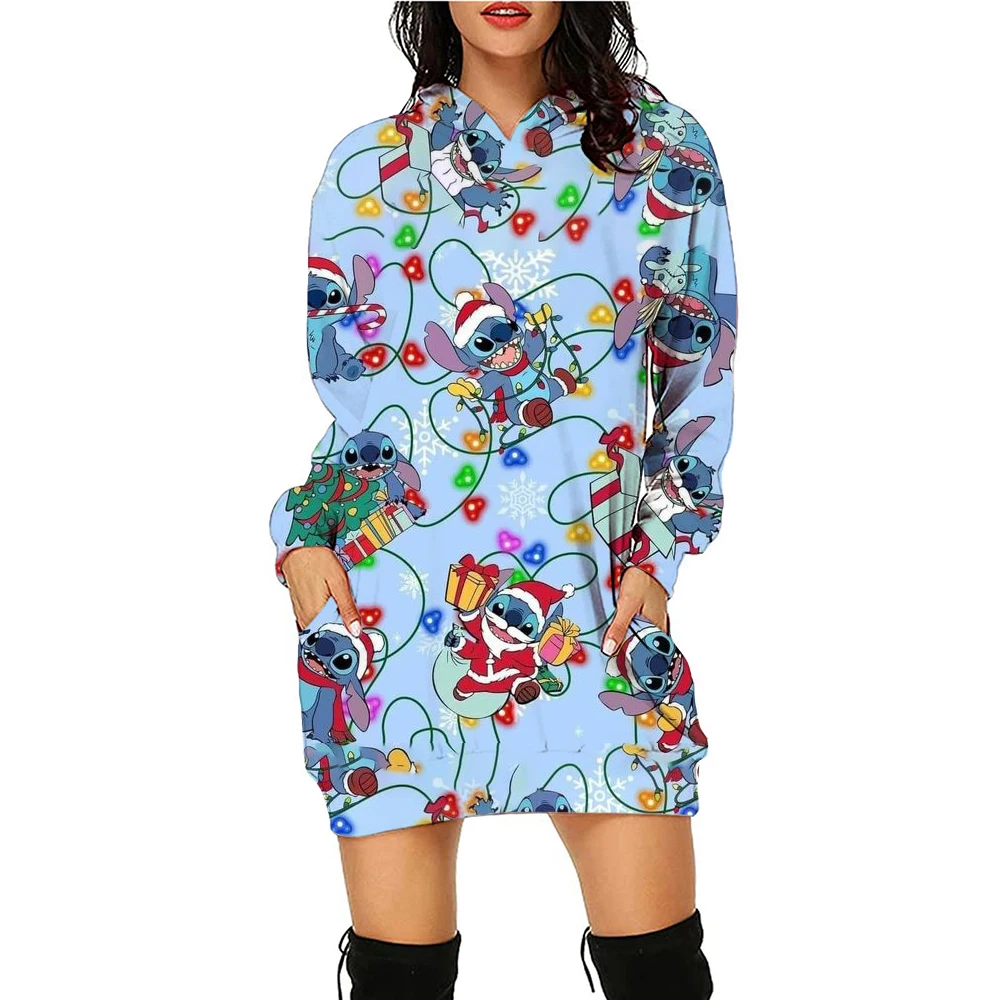 New Women\'s Disney Series Christmas Stitch Printed Pullover Sweatshirt Hooded Dress Casual Fashion Women\'s Clothing