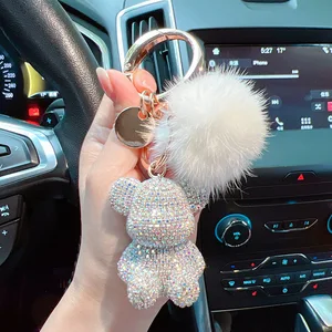 New fashion full diamond sitting bear key chain creative mink hair car key chain cute bag pendant gift. 10 best sales diamond key chain - №9