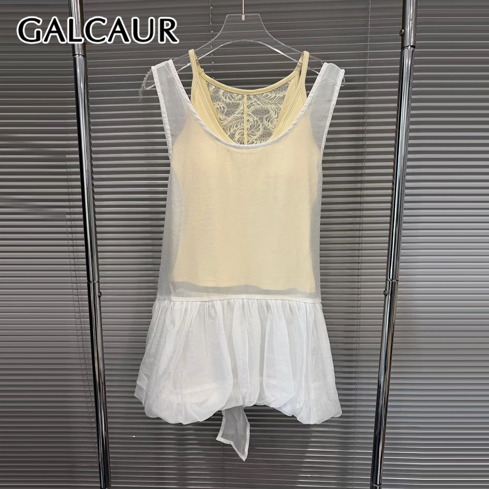 

GALCAUR Colorblock Slimming Two Piece Sets for Women Spliced Lace Sling Round Neck Sleeveless Patchwork Mesh Top Set Female New