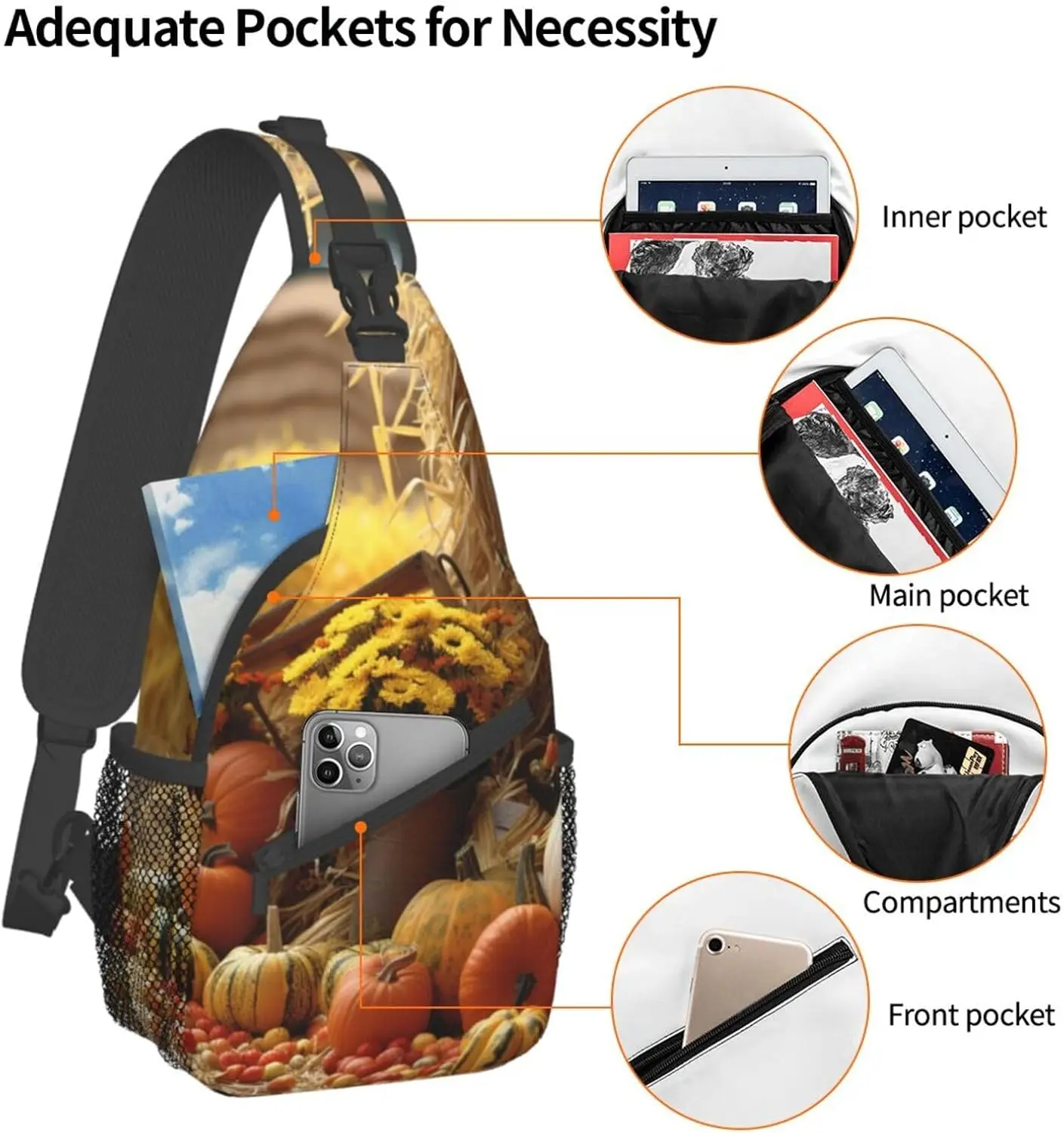 حقيبة ظهر بحمالة للخريف وعيد الشكر مطبوعة حقيبة صدر كروس قابلة للتعديل حقيبة كتف للسفر والمشي لمسافات طويلة حقيبة نهارية للجنسين #4