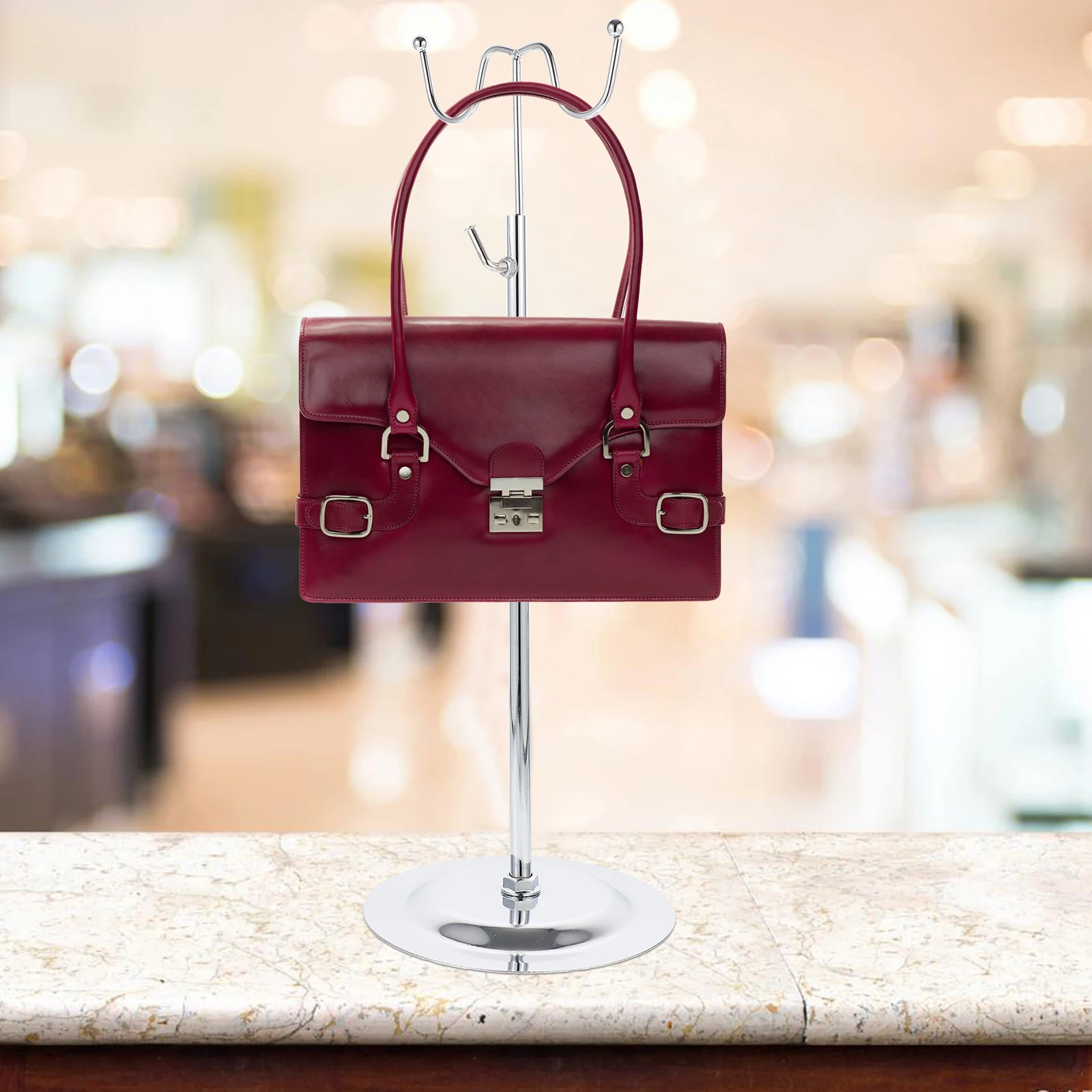 

Stainless Steel Handbag Display Rack Adjustable Height Dual-Hook Bag Holder for Shop Display Stand Retail Organizer