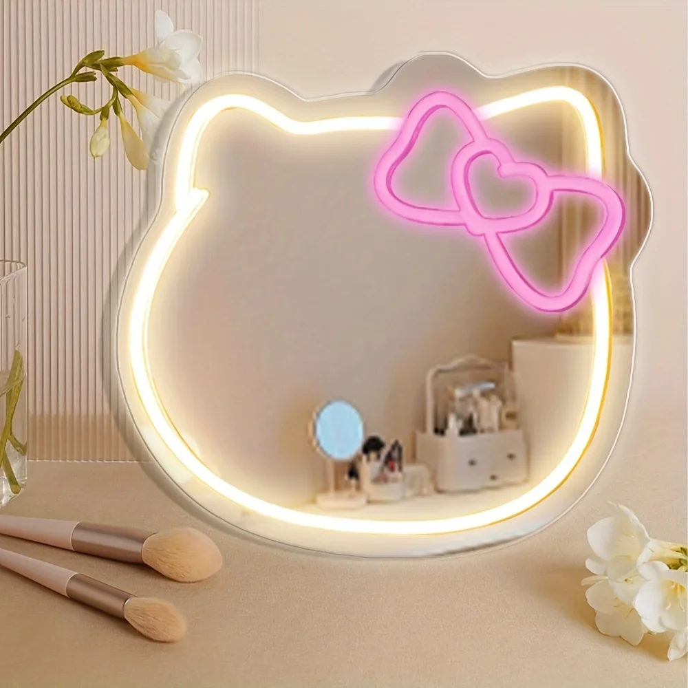 Pink Hello Kitty LED Neon Cat Mirror Sign for Bedroom Decor Beauty Shop and Studio Decor Wall Mounted Makeup Mirror and Wall Art