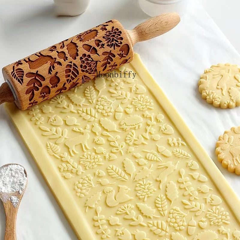 Christmas Rolling Pins Rock Snowflake Elk Wooden Rolling Embossing Baking Cookies Biscuit Fondant Cake Patterned Roller 35*5cm