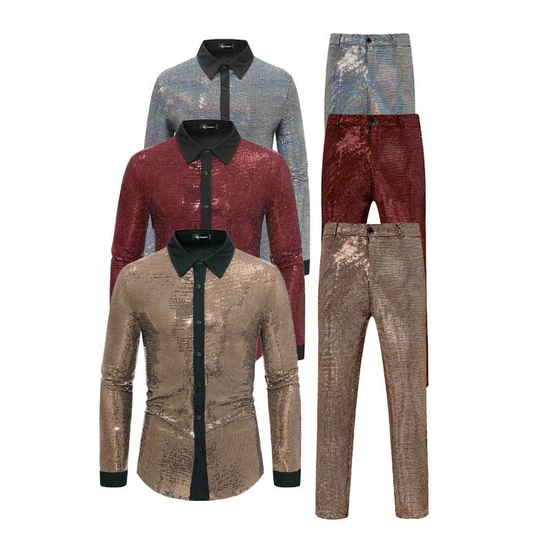 2024 New Shiny Beaded Mens Shirts + Pants 2-piece , Gold/silver/red Long-sleeve Shirt Slacks Suit Pants Set，European Size S-2XL