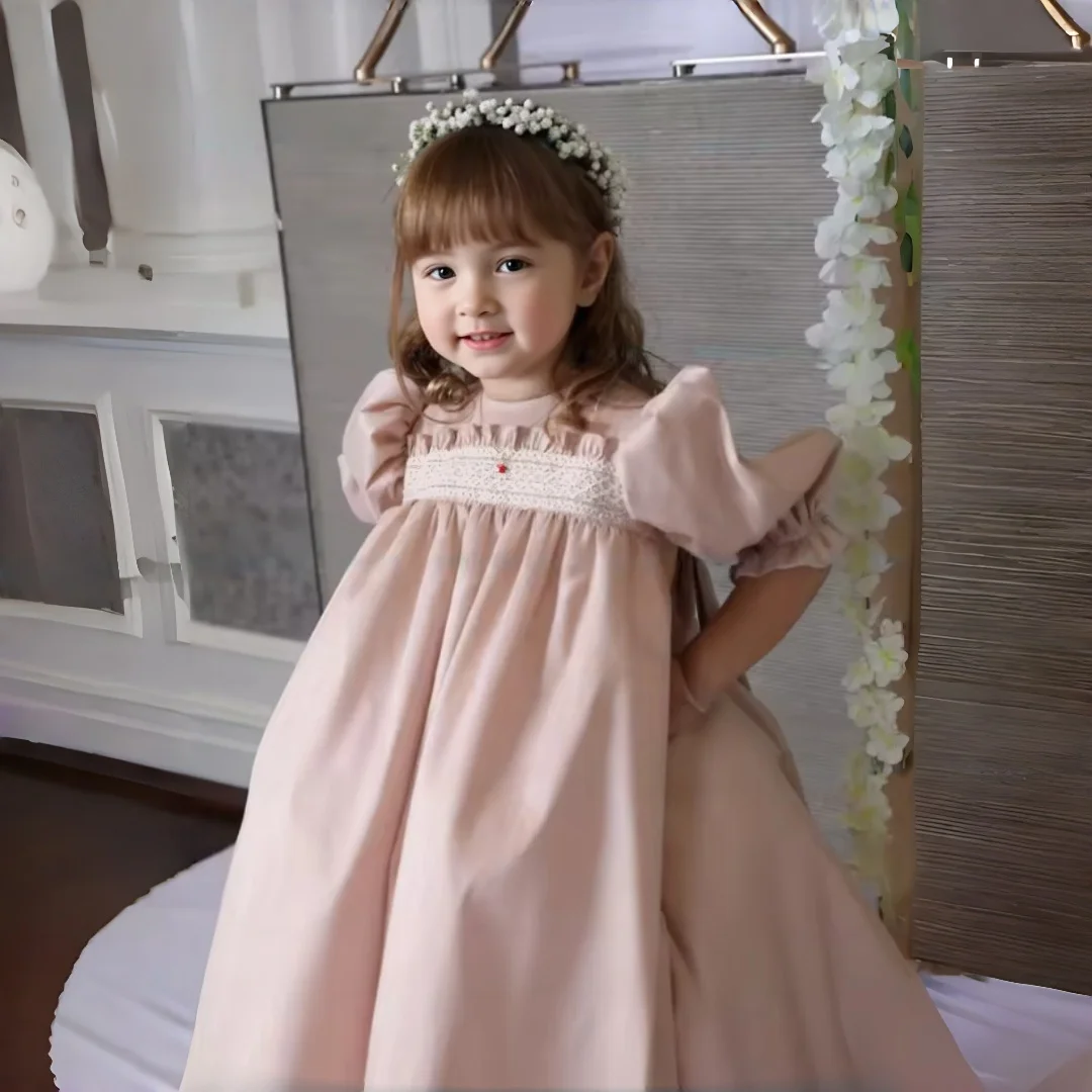 Girls Satin Flower Girl Dress Puff Short Sleeve Square Neck Floor‑Length Kids Wedding Pageant Princess Formal Party Evening Gown