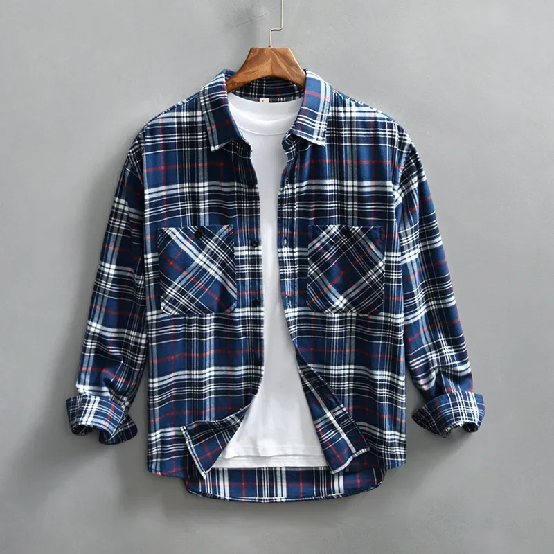 

Новые мужские рубашки 2026 года, 4XL, в японском винтажном стиле, рабочая одежда, с двумя карманами, из чистого хлопка, повседневные свободные рубашки с длинным рукавом в клетку для мужчин