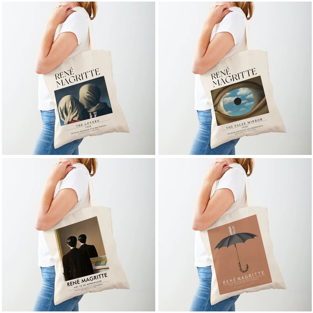 Magritte The Lovers Eye Pigeon Surrealism Lady Shopping Bag Supermarket Travel Tote Handbag Casual Canvas Women Shopper Bags