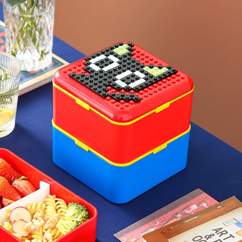 Funny Sealed Lunch Bento Box Set DIY Color Building Blocks Splicing Children\'s Student Food Colorful Picnic Fruit Salad Storage