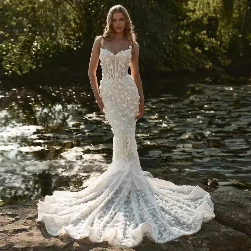 Robe de mariée personnalisée en dentelle, magnifique, bretelles Spaghetti, avec des Appliques romantiques de fleurs, robe de princesse sirène, 2025