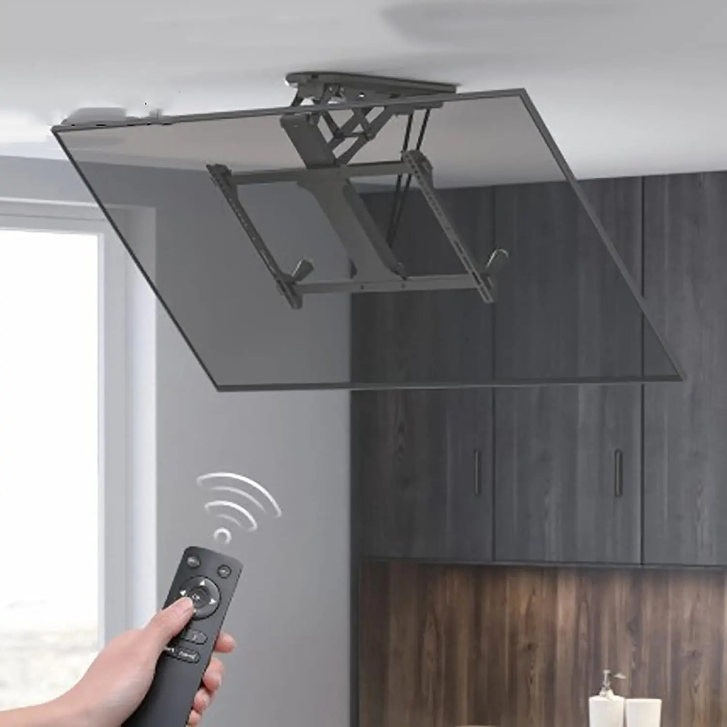 32-70 Inch Motorized Telescopic Electric TV Lift Hidden Drop down Ceiling TV Mount with Auto Lifting 0-85° Flip TV Mounts Carts