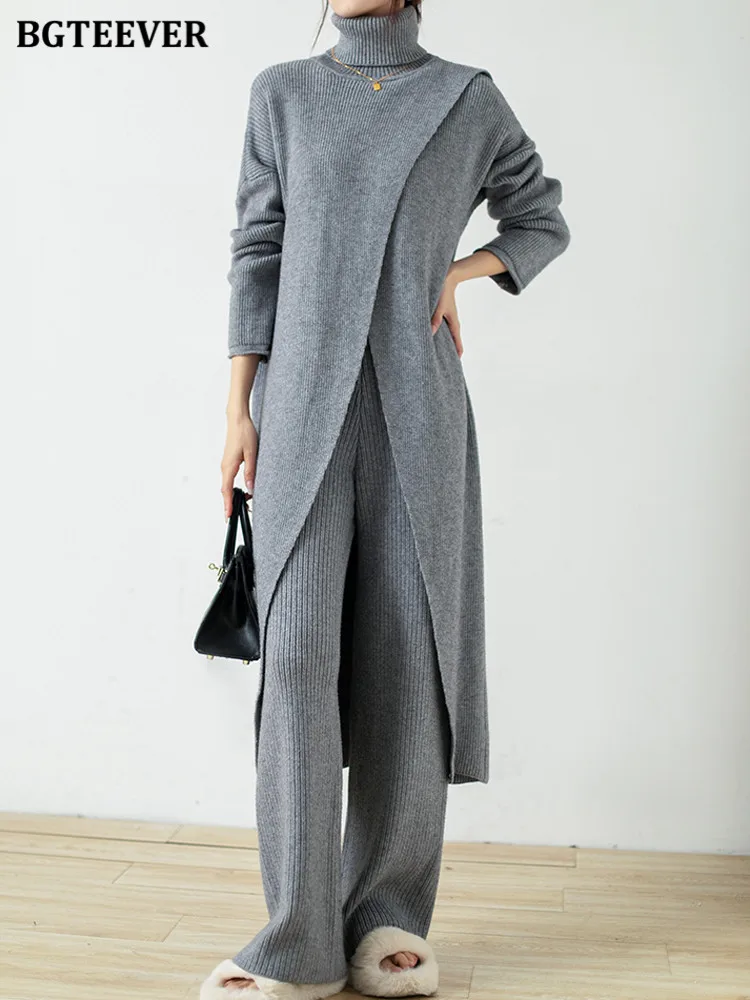 

BGTEEVER Winter Warm Women 2 Pieces Knitted Outfits Turtleneck Split Long Pullovers Sweaters & Floor-Length Wide Leg Trousers