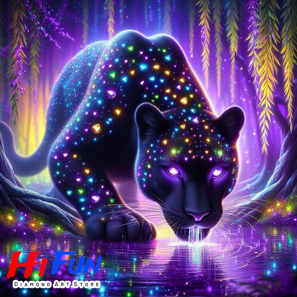 

Black Leopard Gaze Wall Art Diamond Painting Full Round Drill Mosaic New Arrivals Animal Contemporary Minimalist Game Room Decor