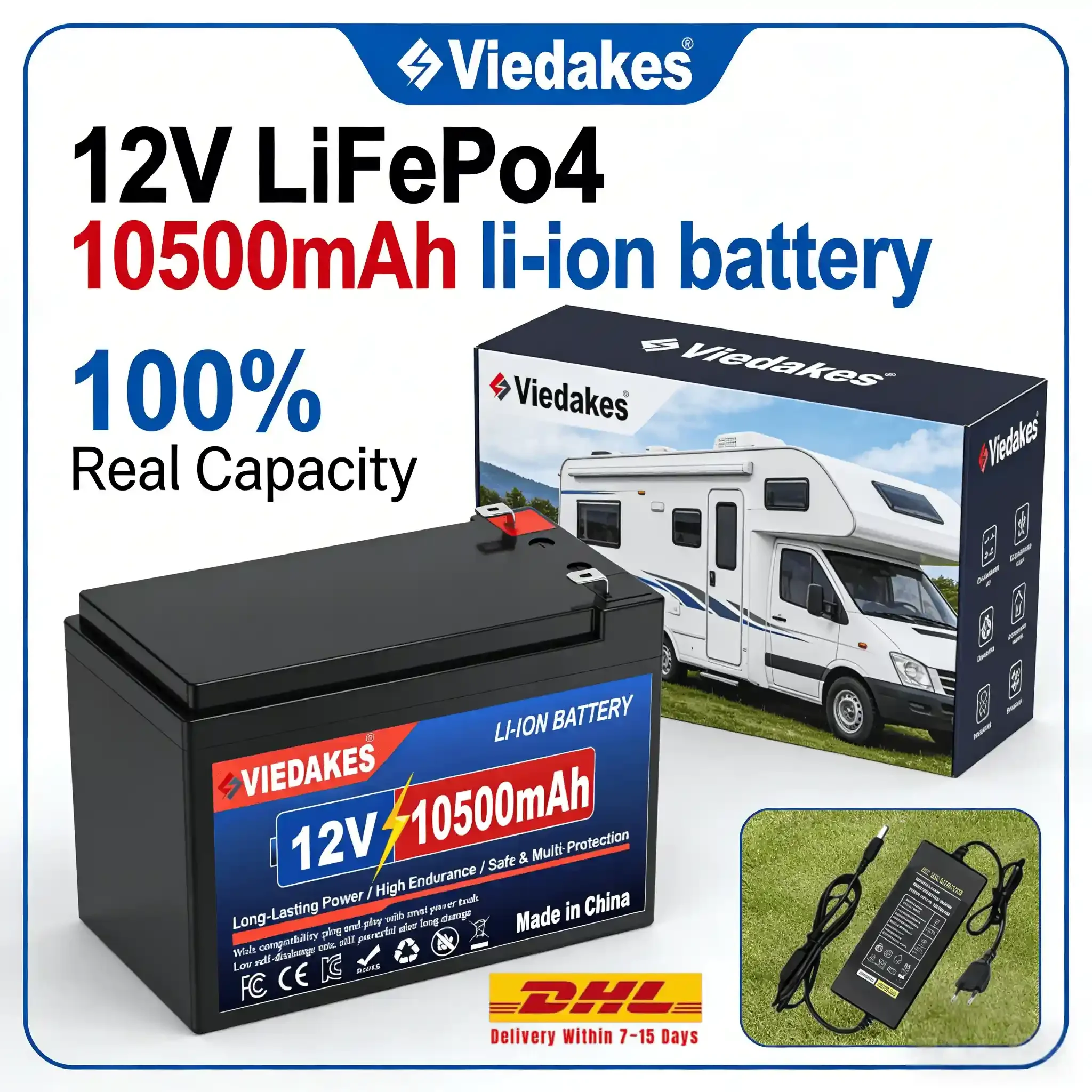 

Аккумулятор VIEDAKES LiFePO4 12В 10500мАч глубокого разряда для солнечных генераторов, автодомов, морского транспорта и наружного применения