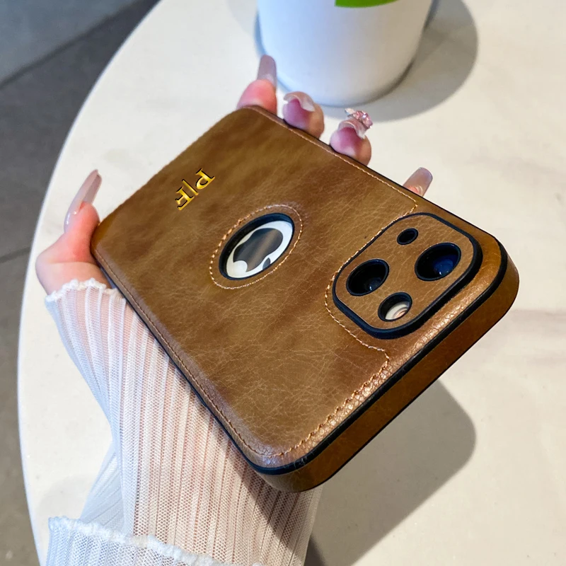 Luxury Leather Logo Hole DIY Engraved Case For iPhone 15 14 13 12 11 Pro Max Personalized Customized Name Initials Cover 15 Pro