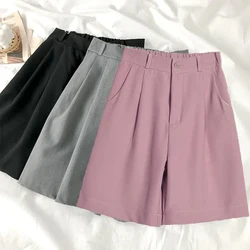 Calção de perna larga de cintura alta feminino, solto, monocromático, preto, fino, casual, escritório, senhoras, moda coreana, verão