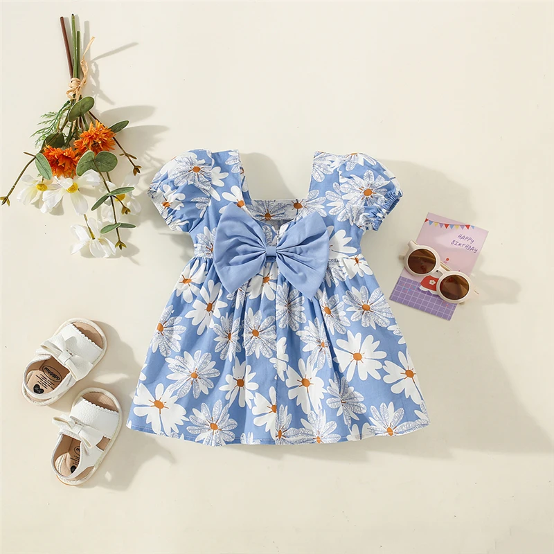 Summer Baby Girl Dress Fresh Flower Printed Dress Bow Cute Baby Girl Short Sleeved Beach Dress (0-3 Years Old)