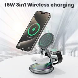 Magnetic 3 in 1 Wireless Charger for iPhone Apple Watch 9 8 Airpods 3 4 Pro Metal Material Foldable 360 ° Rotation LED Lights