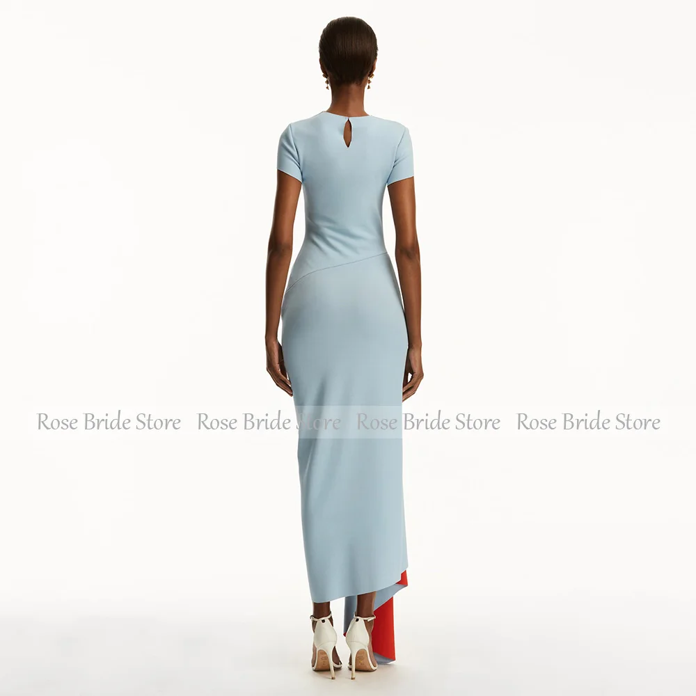 Midi Party Dress Column O Neck Short Sleeves Tea Length Short Formal Gowns for Women 2025 Ruffle Side Split Modern Party Dresses