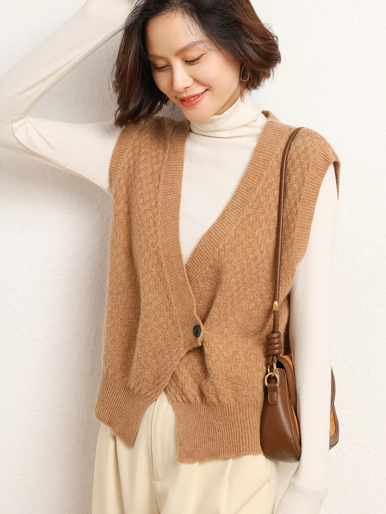 Spring New Women's Sleeveless Cardigan 100% Merino Wool Sweater V-neck Solid Casual Waistcoat Knitwear Korean Popular Clothing