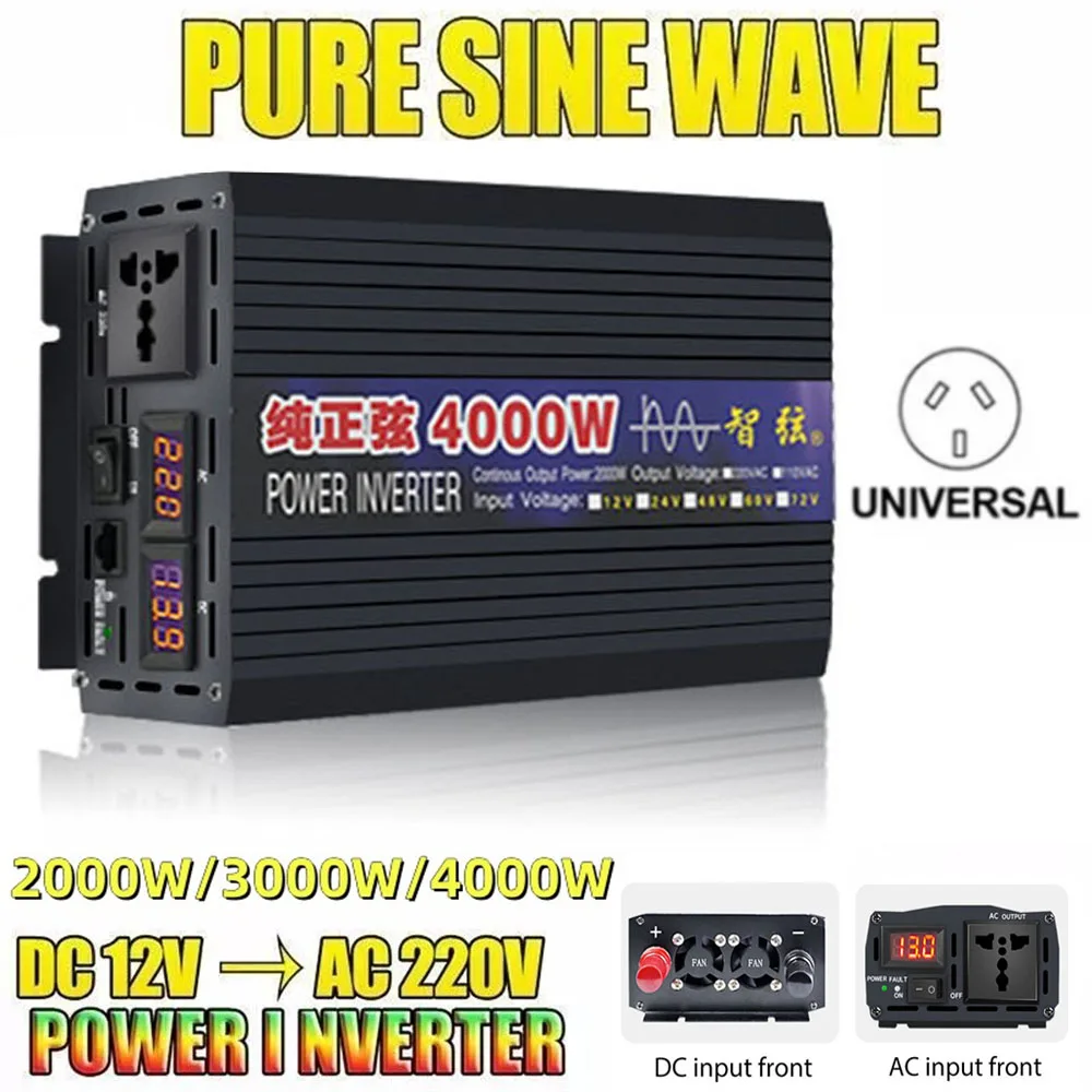 New Pure Sine Wave Inverter 2000W 3000W 4000W Power Solar Car Inverters With LED Display DC 12V 24V To AC 220V Voltage Converter