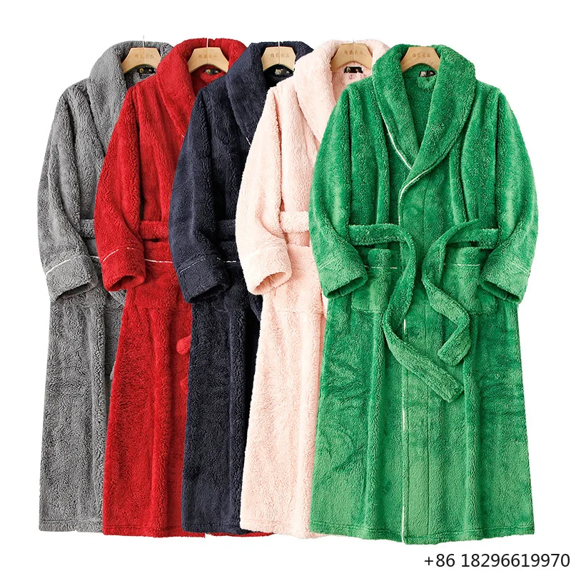 Autumn Winter Home Use Luxury Casual Plush Fleece Bathrobe Double‑Sided Thickened Polyester Solid Long Plus Size Nightgown