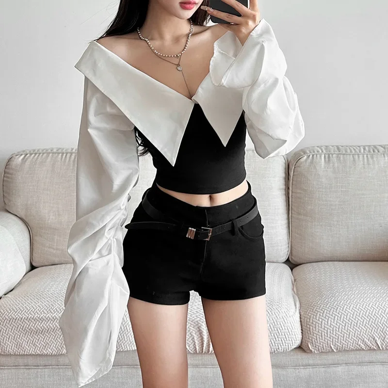 

Street Fashion V-neck Patchwork T-shirts Y2k Sexy Slim Fit Crop Top Tee Shirt 2025 Summer New Long Sleeve Tops for Women