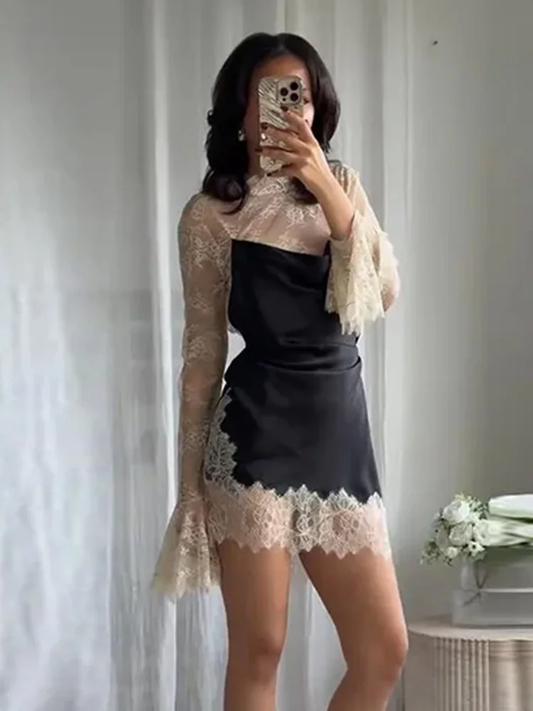 HH femme mode couleurs contrastées Sexy robe de soirée femmes élégant manches longues dentelle épissage cloche manches décoration Mini robe