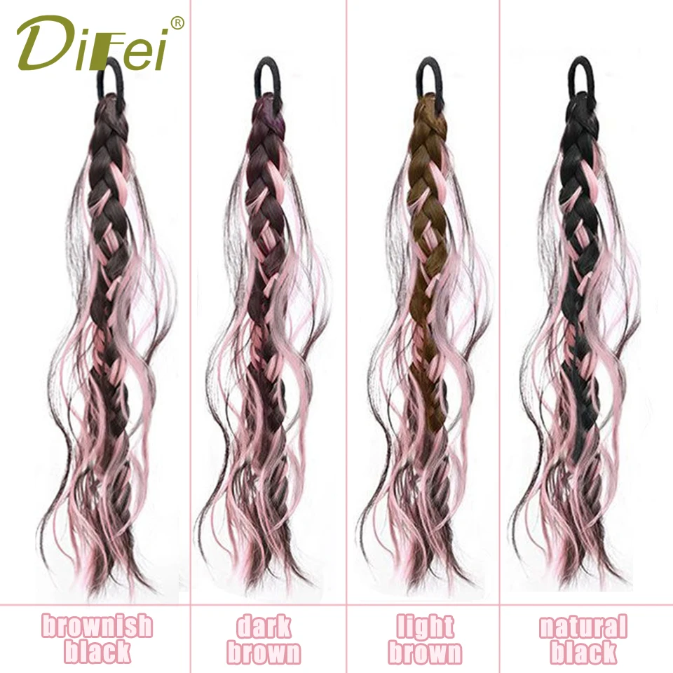 DIFEI Messy Highlight Braid Peruka syntetyczna Girl Sweet Cool Messy Highlight Fluffy Braided Hair Ponytail Boxing Braid Wig