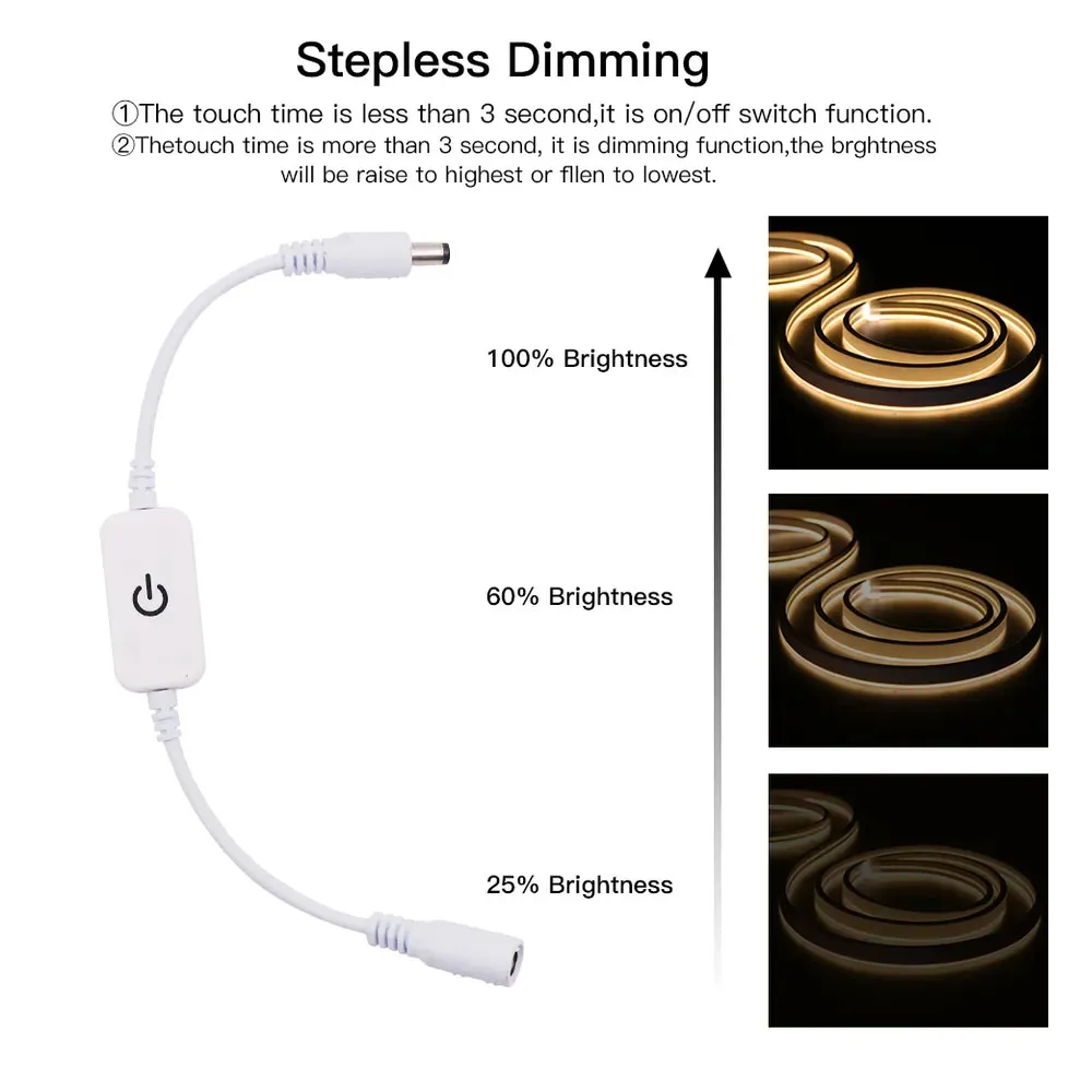 Small Touch Switches LED Strip Light Inline On/Off Switch Cable DC Plug 55x21 Connector Brightness Adjustment Diming Controller