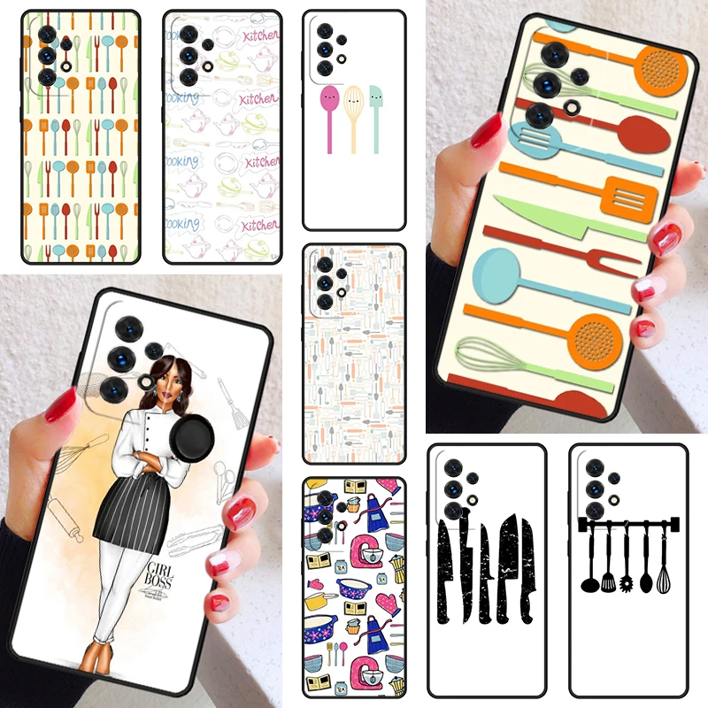 Kitchen Utensil Colored Silhouettes Case Cover For Samsung Galaxy A52 A72 A73 A20e A21S A50 A70 A12 A42 A31 A40 A51 A71 A32 A80