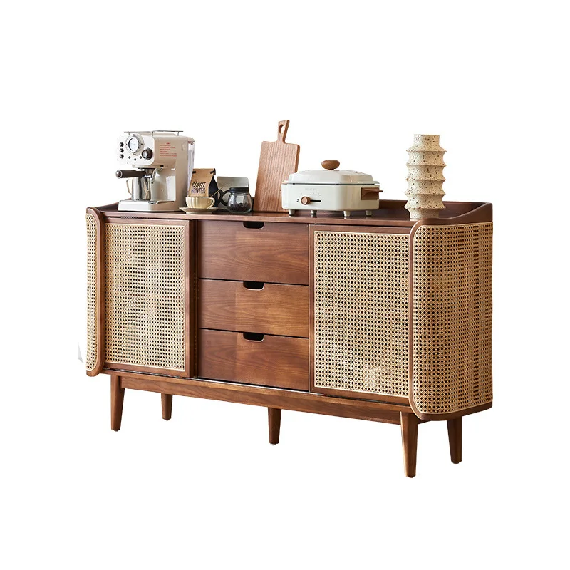 

LMM New Chinese Solid Wood True Rattan Dining Side Cabinet Restaurant Wabi Sabi Wind Double Cabinet with Drawer