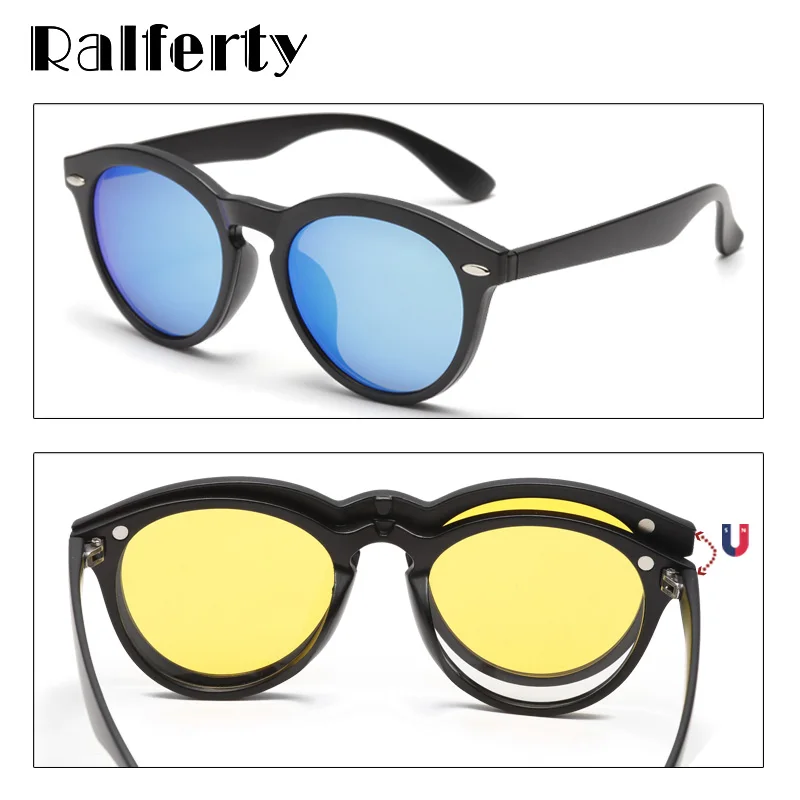 Ralferty 5 In 1 Magnet Sunglasses Women Polarized Clip On Glasses Men Round Prescription Optic Frames Yellow gunes gozlugu A2205