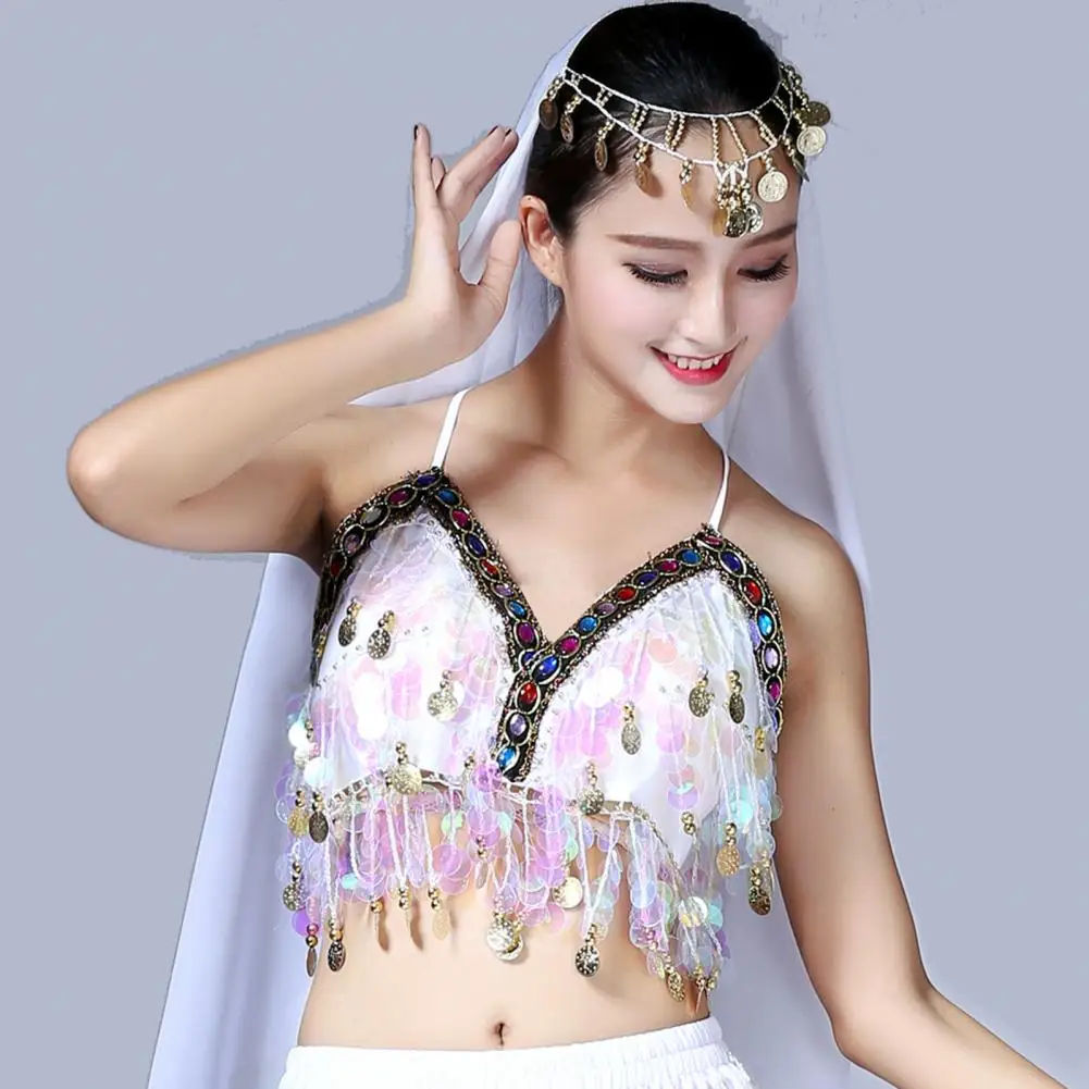 Performance Vest Sequin Tassel Halter Neck Belly Dance Bra Top for Women Backless Boho Festival Clubbing Tribal Performance