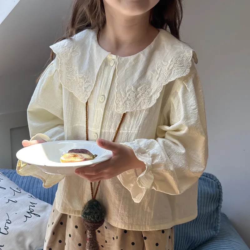 Children Sweet Irregular Jacquard Lapel Shirt Girls Soft Washed Bamboo Cotton Doll Shirt Fashion Casual Solid Shirt