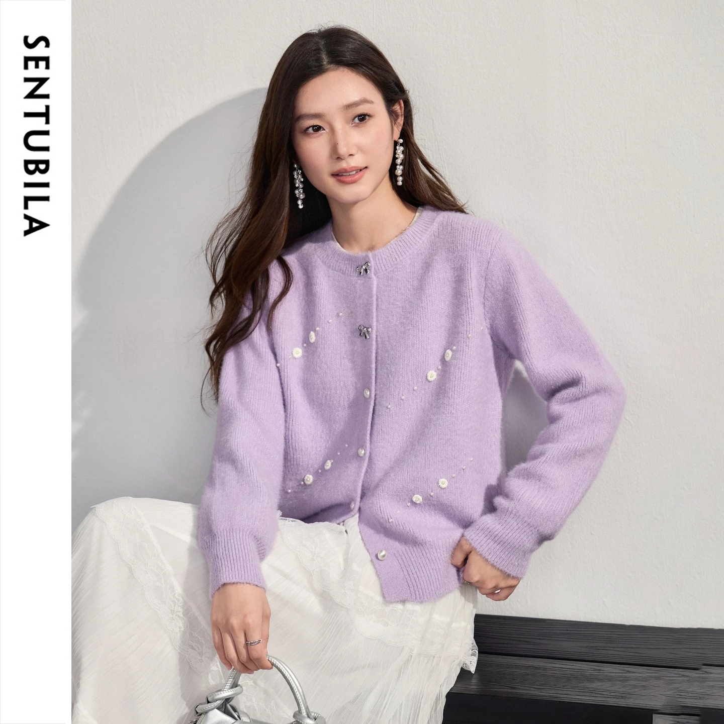 SENTUBILA Women's Cardigan Winter 2026 Crew Neck Bow Buttons Loose Drop Shoulder Sweater Elegant Knit Long Sleeve Top W64EB9087