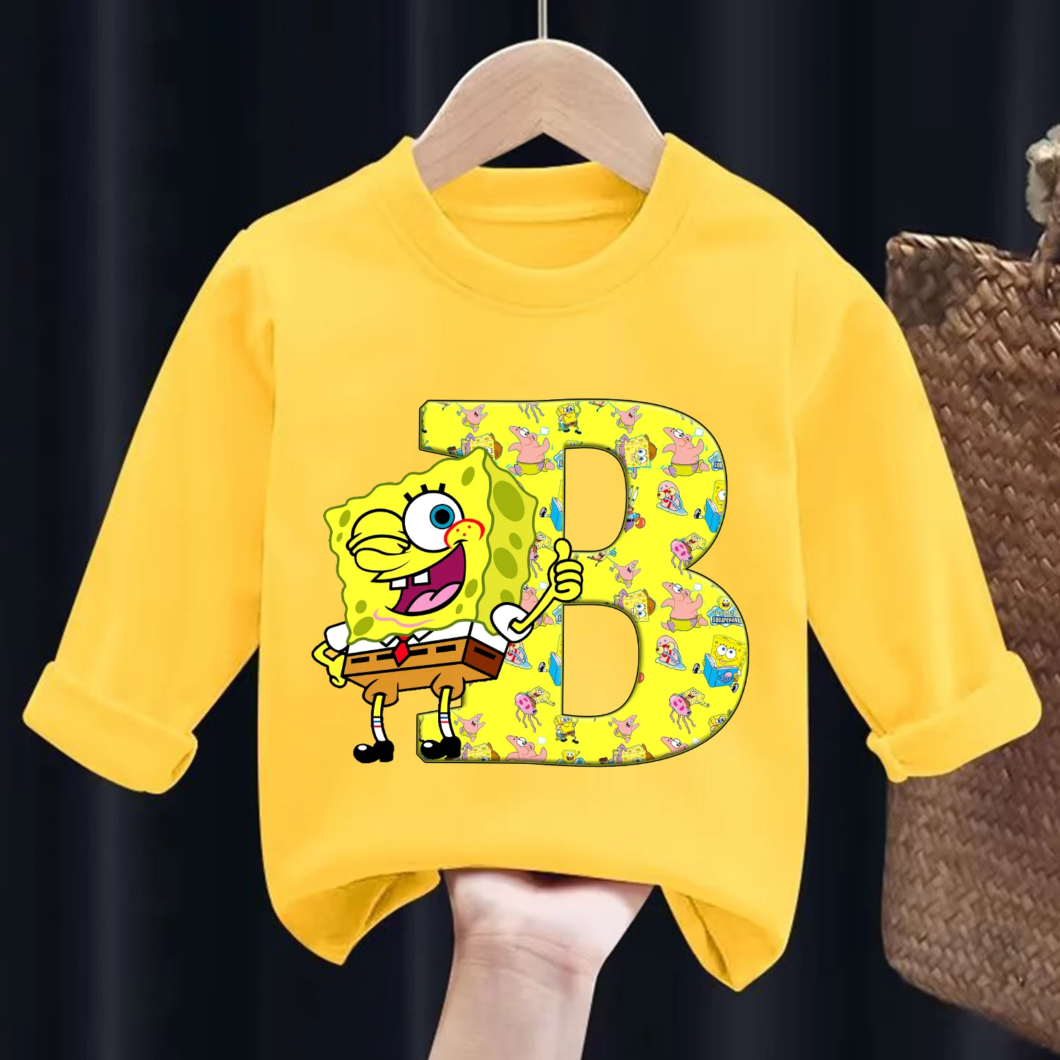 Spongebob Long Sleeve for Children A-Z Letter Clothing Top Cartoon Casual Caftan Kids Yellow Clothes Round Collar Blouse Gift