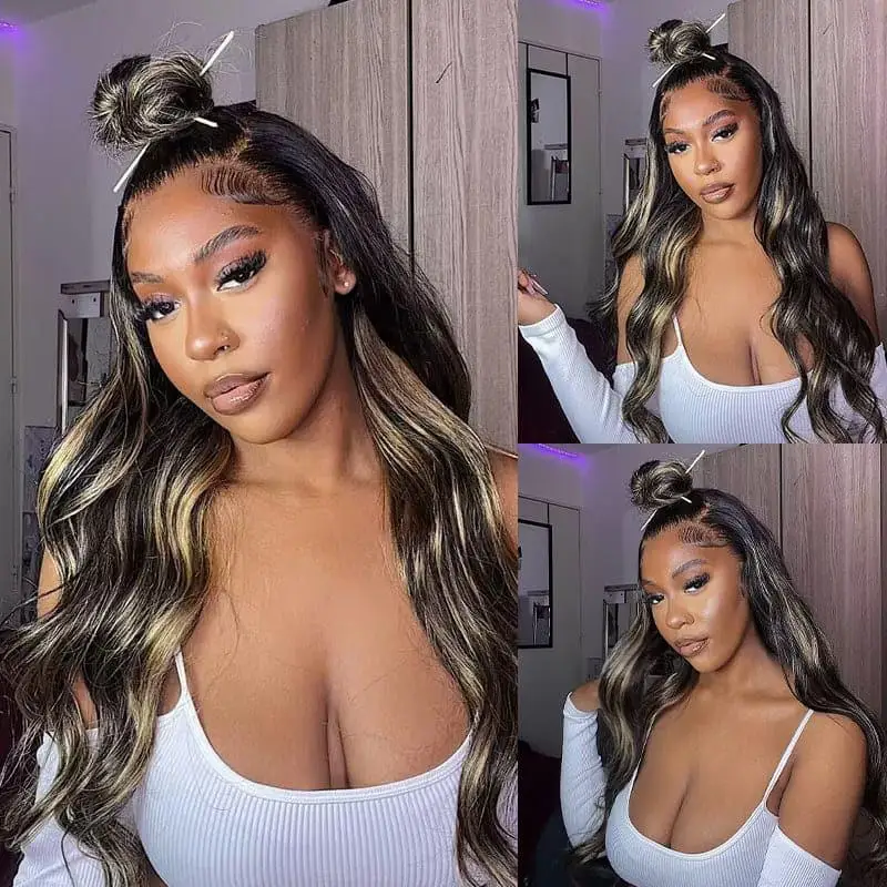 Highlight Ombre 13x4 Lace Front Wig Human Hair Body Wave1b/27  Lace Closure Wigs Pre Plucked With Baby Hair 200% For Women