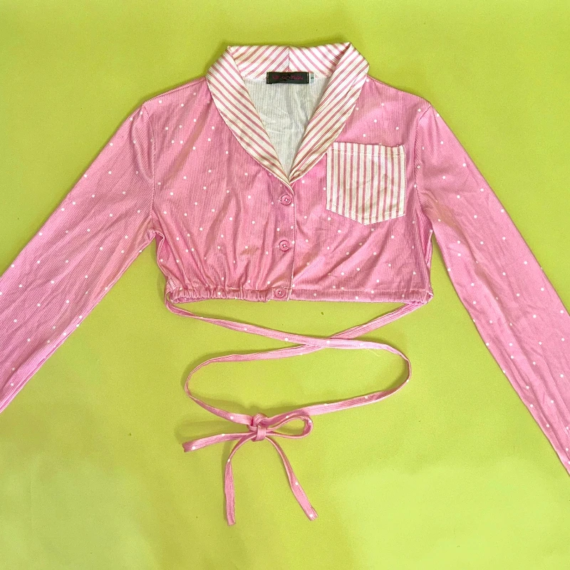 Original Design Pink Polka Dot Striped Splicing Lace-up Women's Jacket Spring Summer Autumn Sweet Cute Retro Short Coat Ladies