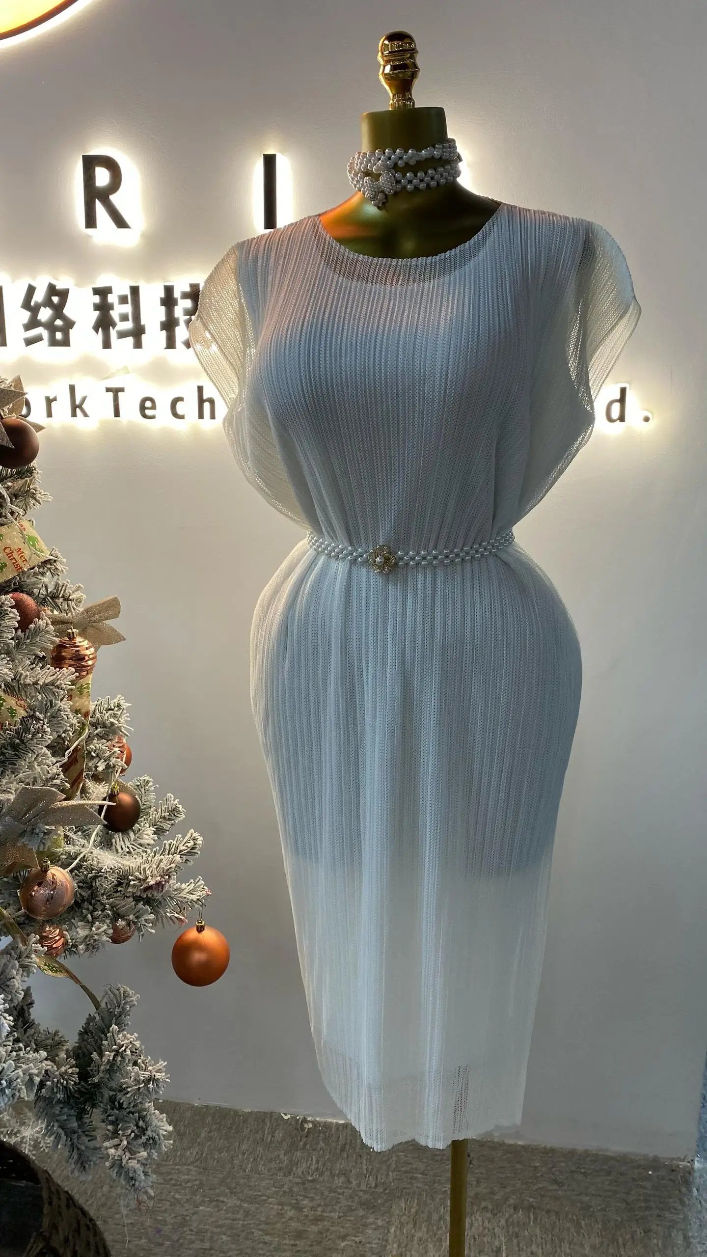 

2025 summer newest dress elastic short sleeve mesh casual dress loose women elegant pleated dress-GZKK013