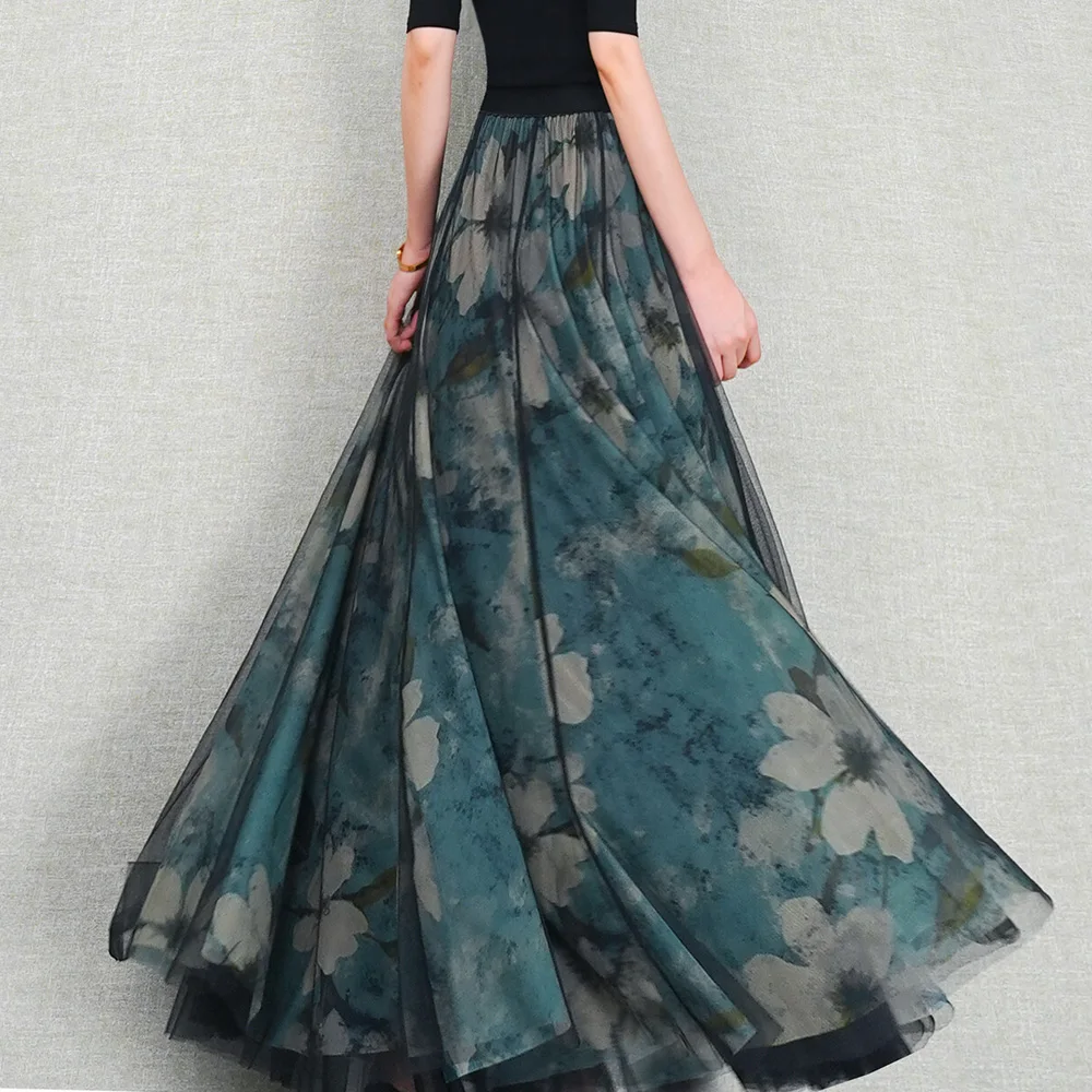 2025 Elegant Retro Printed Pattern Mesh A-line Women's Long Skirt Women's female Maxi skirts