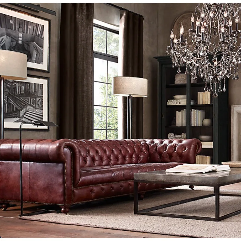 Leather living room three-person sofa, American country vintage full-leather single sofa